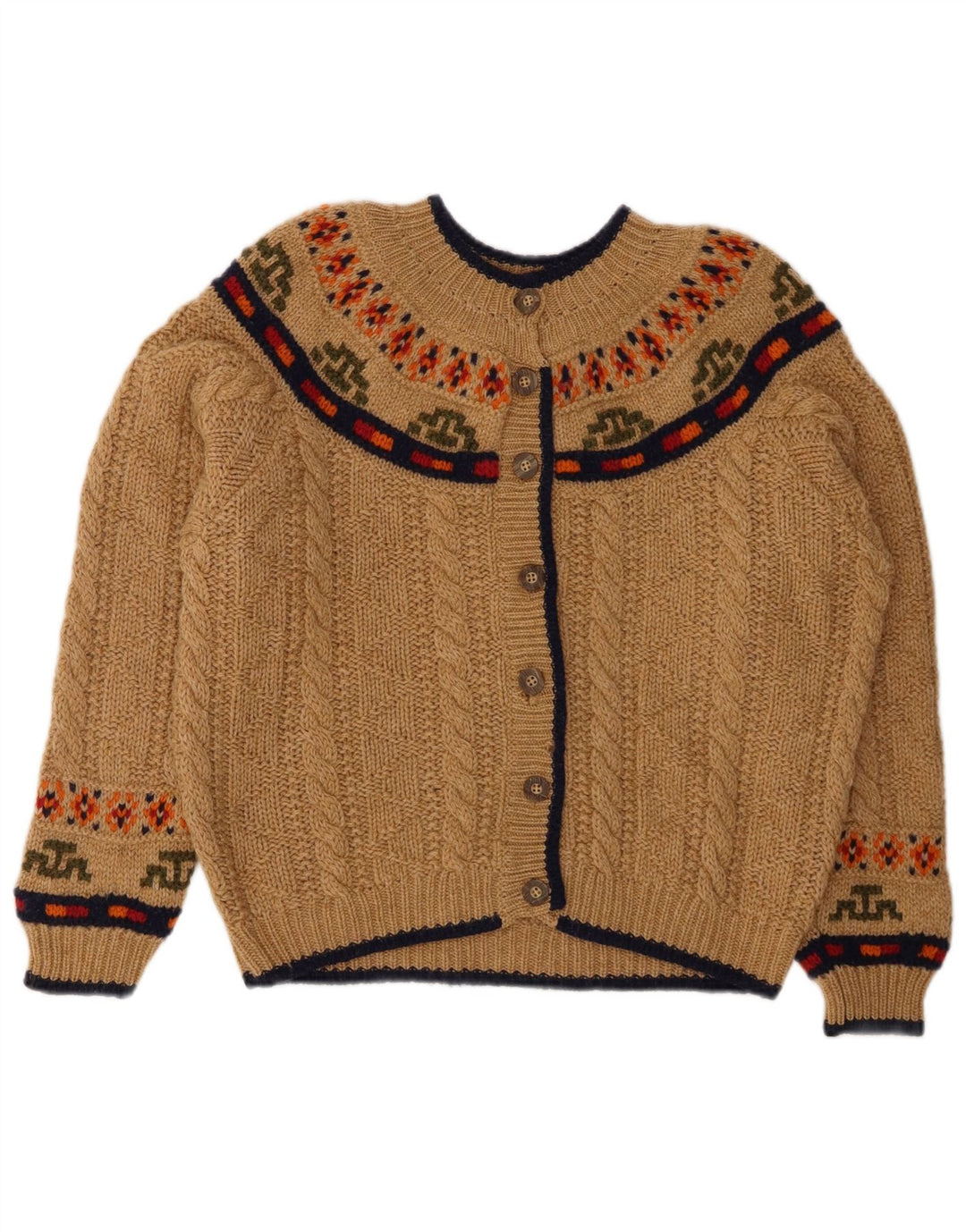 BENETTON Womens Cardigan Sweater UK 14 Large Beige Fair Isle
