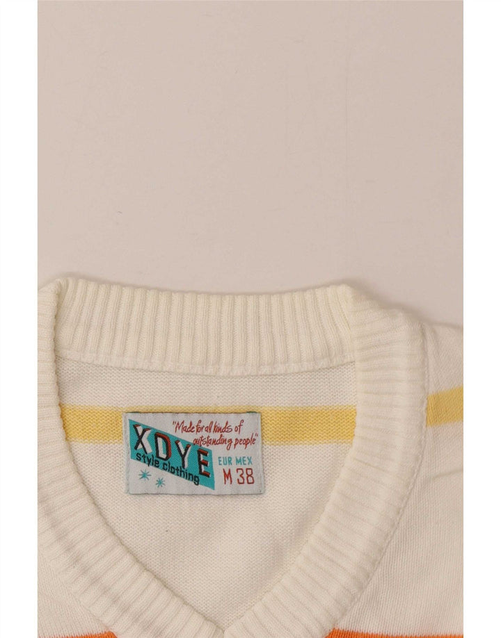 XDYE Mens V-Neck Jumper Sweater Medium White Striped