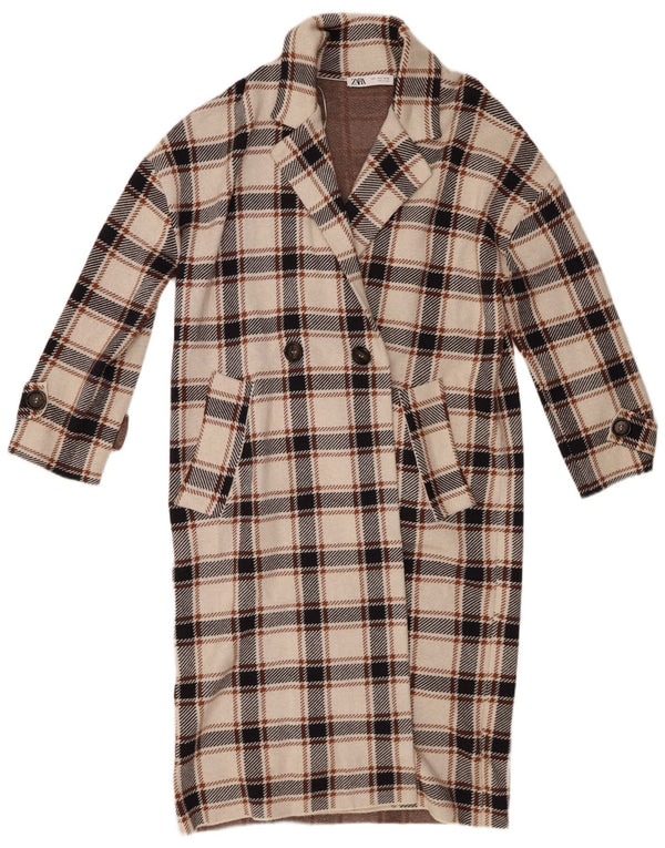 Zara Womens Double Breasted Coat UK 10 Small Beige Check Viscose