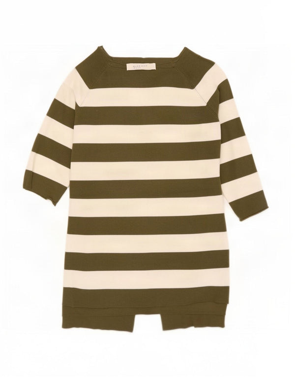 Zara Womens 3/4 Sleeve Boat Neck Jumper Sweater UK 10 Small Khaki Striped
