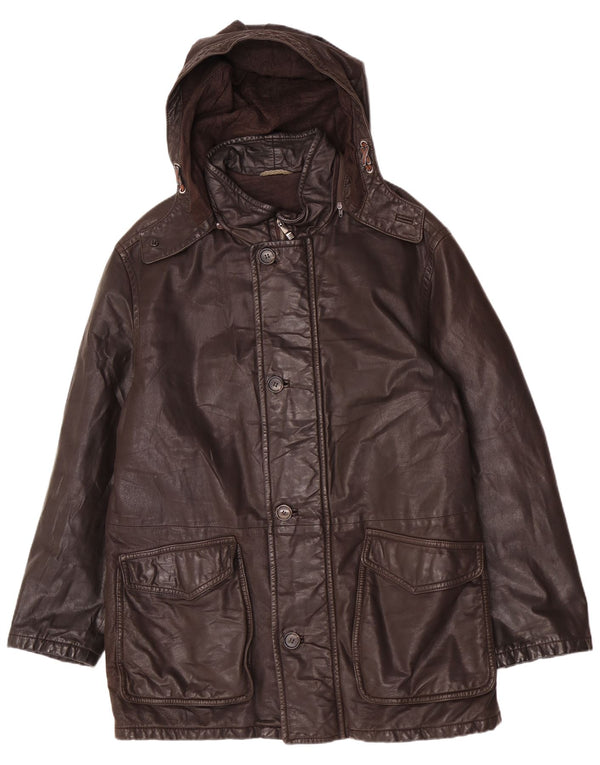 Vintage Mens Hooded Leather Coat UK 42 XL Brown