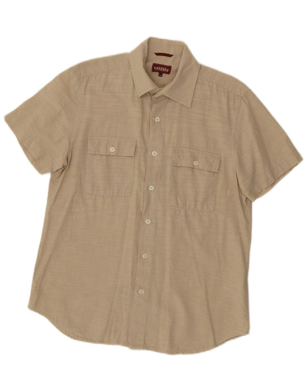 CARRERA Mens Short Sleeve Shirt Medium Beige Pinstripe Cotton