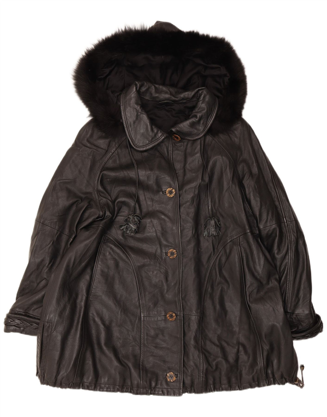 Vintage Womens Hooded Oversized Leather Coat IT 44 Medium Black