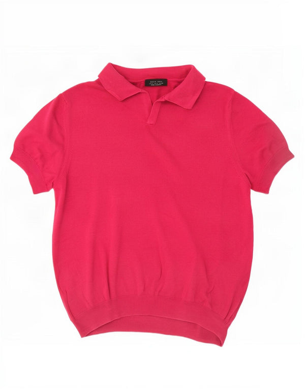 Zara Mens Short Sleeve Polo Neck Jumper Sweater Medium Pink Cotton