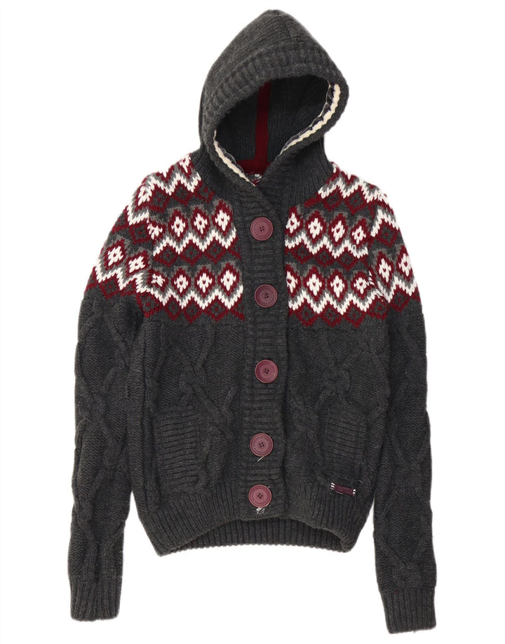 SUPERDRY Womens Hooded Cardigan Sweater UK 10 Small Grey Fair Isle Acrylic