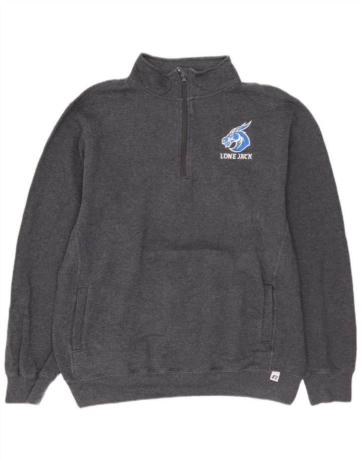 RUSSELL ATHLETIC Mens Zip Neck Sweatshirt Jumper Large Grey Cotton