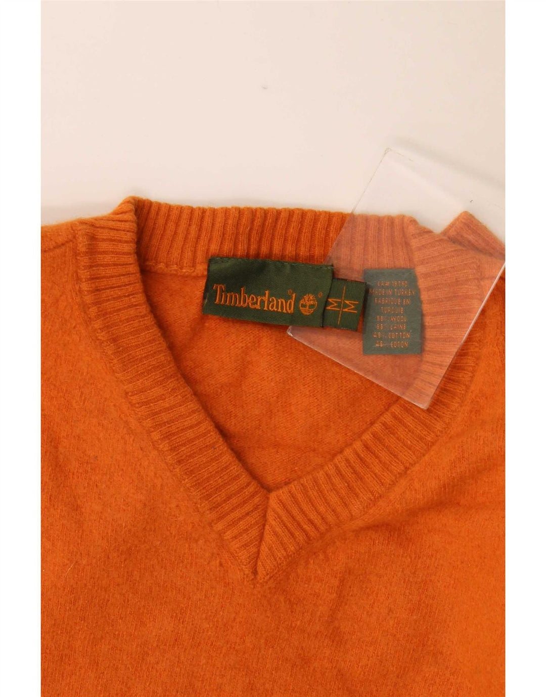 Timberland Mens V-Neck Jumper Sweater Medium Orange Wool