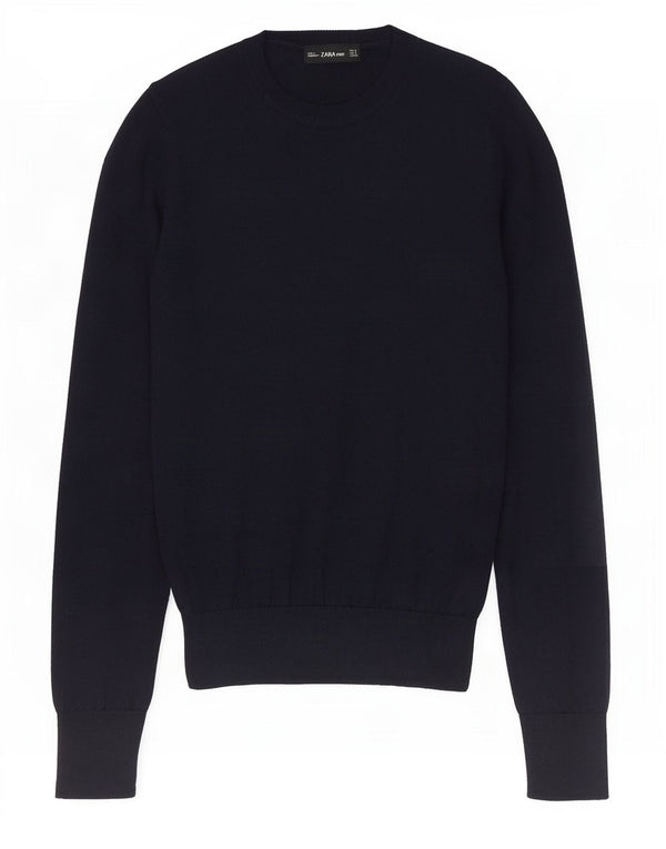 Zara Womens Crop Crew Neck Jumper Sweater UK 10 Small Navy Blue Polyester