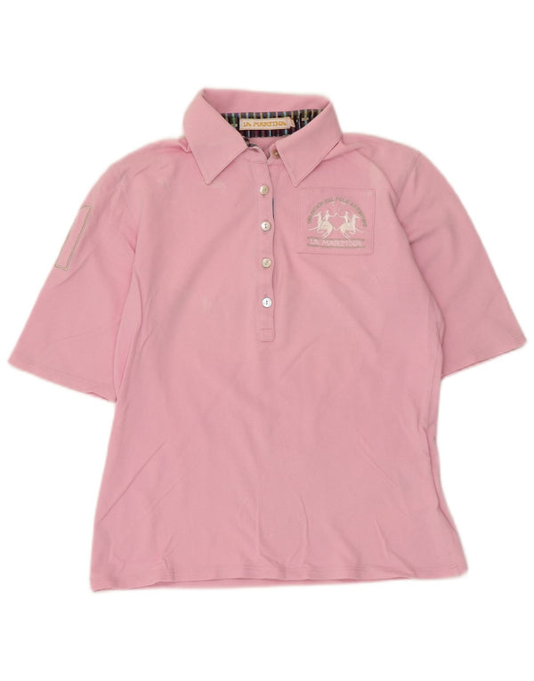 La Martina Womens Graphic Polo Shirt IT 44 Medium Pink Cotton