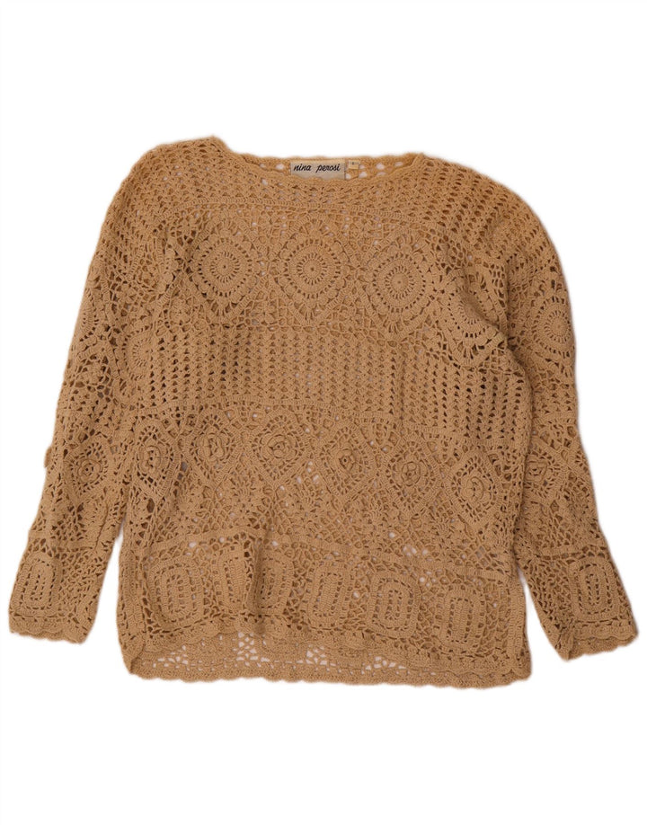 VINTAGE Womens Oversized Boat Neck Jumper Sweater UK 10 Small Beige