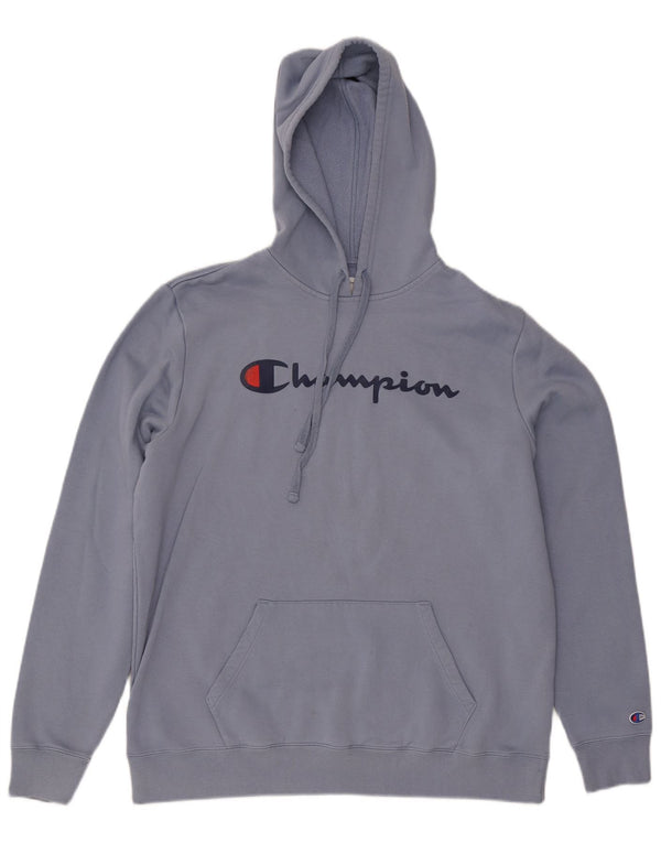 Champion Mens Graphic Hoodie Jumper Large Blue Cotton