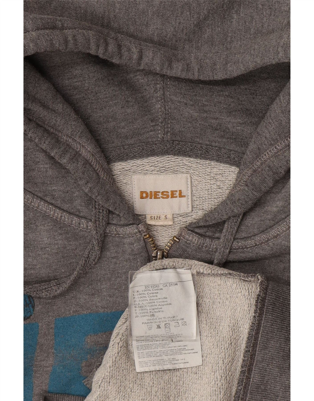 DIESEL Mens Graphic Zip Hoodie Sweater Small Grey Cotton