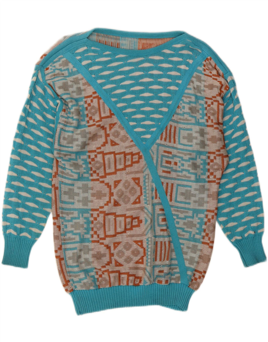 VINTAGE Womens Boat Neck Jumper Sweater UK 14 Medium Blue Geometric