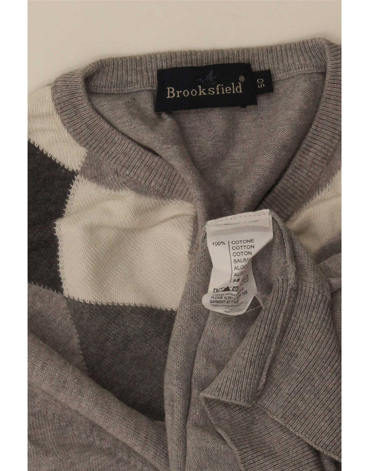 Brooksfield Mens V-Neck Jumper Sweater IT 50 Medium Grey Argyle/Diamond