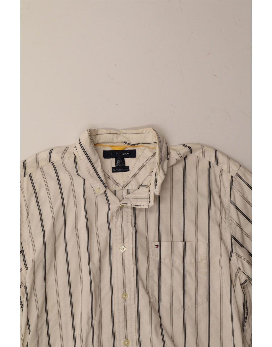 TOMMY HILFIGER Mens Short Sleeve Shirt Medium White Striped Cotton Vintage Tommy Hilfiger and Second-Hand Tommy Hilfiger from Messina Hembry 
