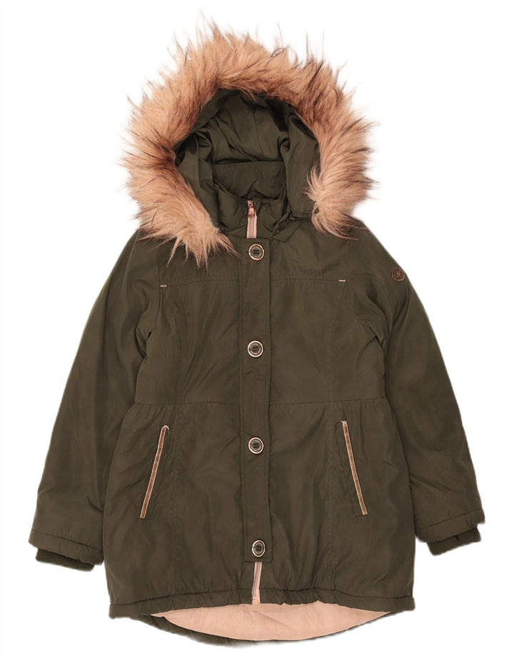 MICHAEL KORS Girls Hooded Parka Jacket 7-8 Years Khaki Polyester