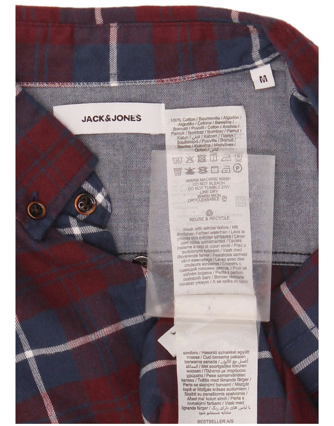 JACK & JONES Mens Flannel Shirt Medium Burgundy Check Cotton