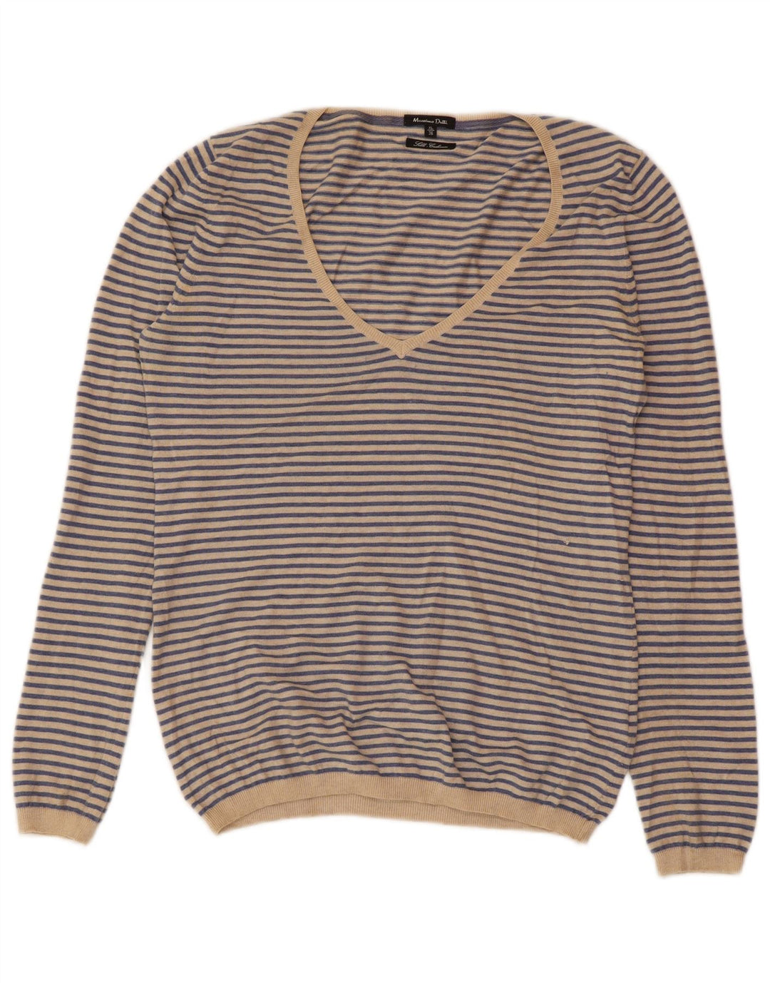 MASSIMO DUTTI Womens V-Neck Jumper Sweater UK 18 XL Blue Striped Cashmere