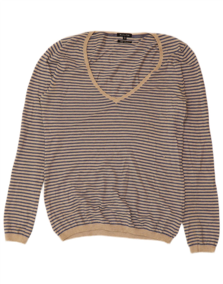 MASSIMO DUTTI Womens V-Neck Jumper Sweater UK 18 XL Blue Striped Cashmere
