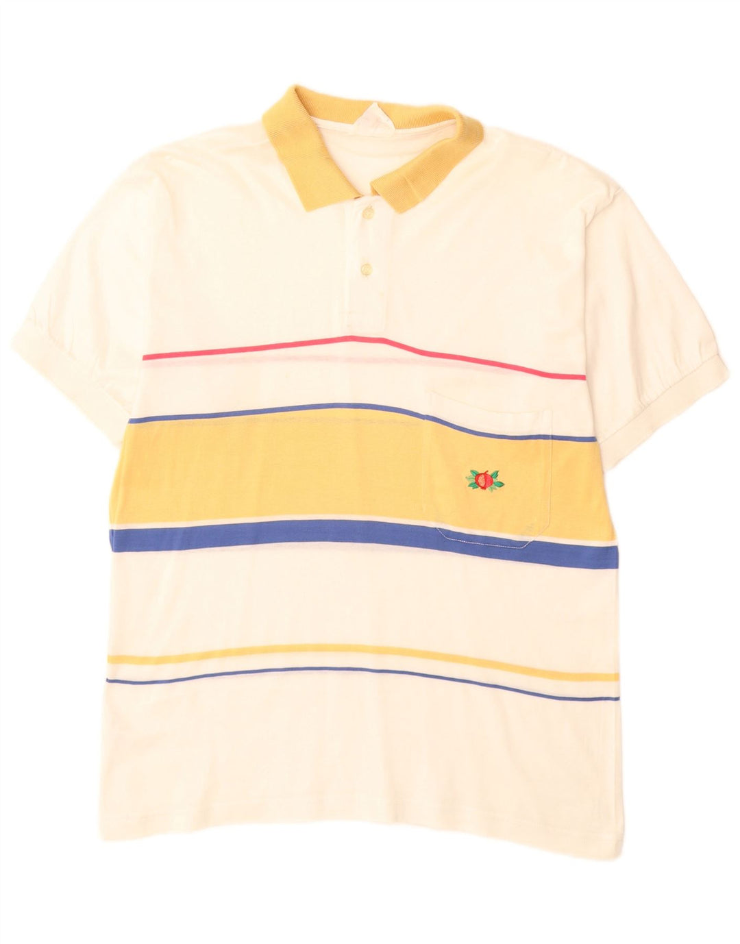 VINTAGE Mens Polo Shirt Medium Off White Striped Cotton