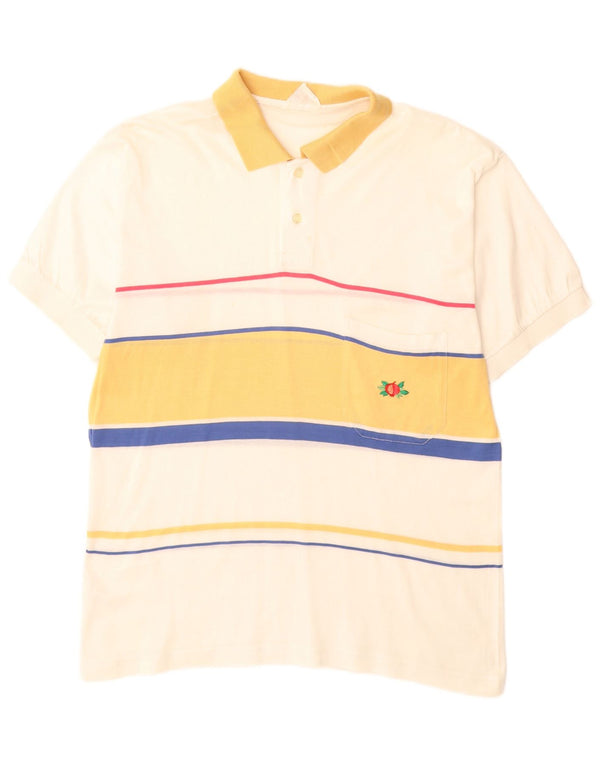 VINTAGE Mens Polo Shirt Medium Off White Striped Cotton