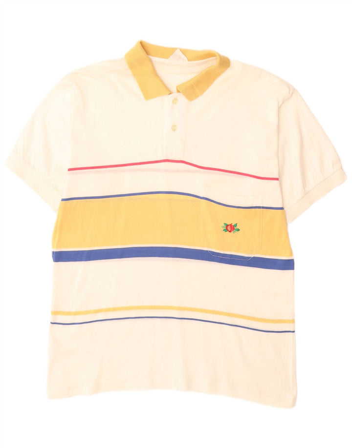 VINTAGE Mens Polo Shirt Medium Off White Striped Cotton