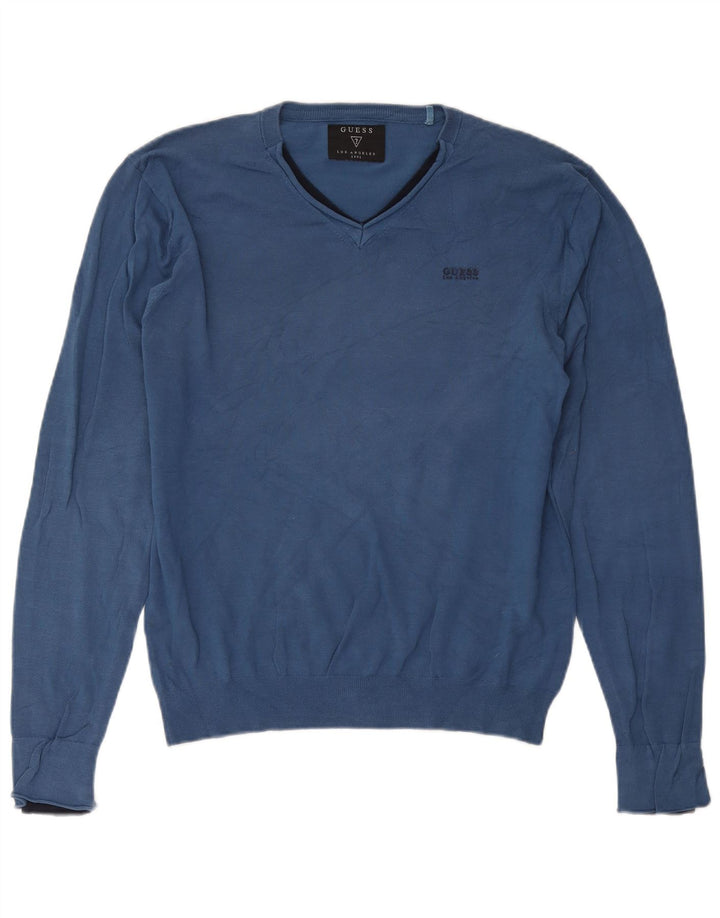 Guess Mens V-Neck Jumper Sweater Large Blue Cotton