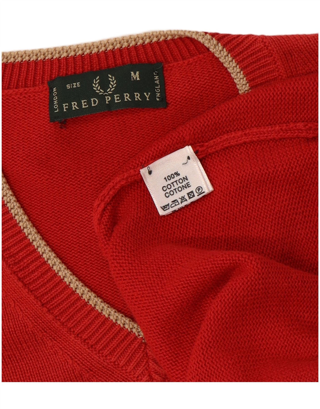 FRED PERRY Mens V-Neck Jumper Sweater Medium Red Cotton