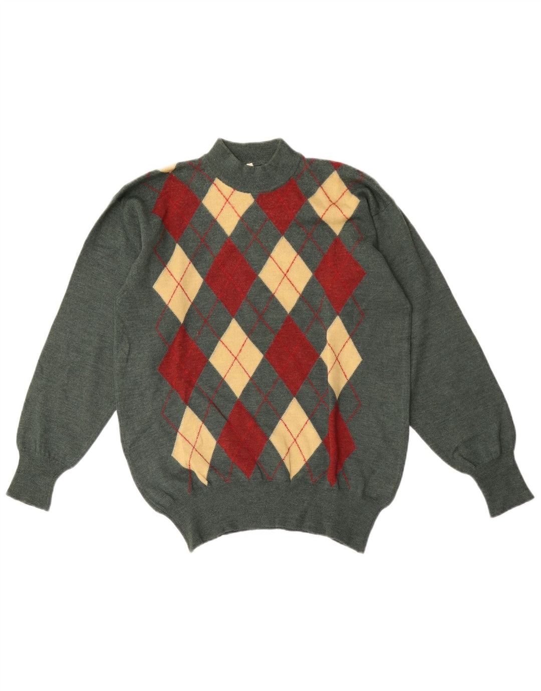 Vintage Mens Turtle Neck Jumper Sweater IT 50 Medium Green Argyle/Diamond