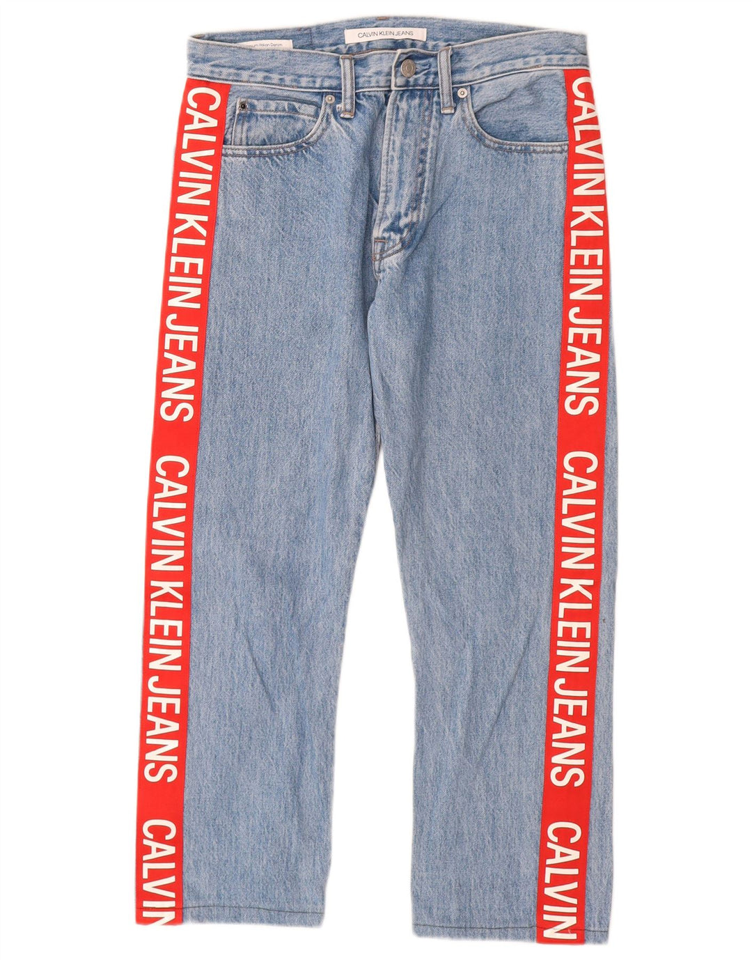 CALVIN KLEIN Womens Graphic Straight Jeans W29 L25 Blue Colourblock Cotton