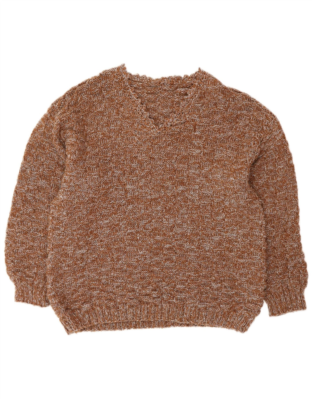VINTAGE Womens V-Neck Jumper Sweater UK 16 Large Brown Flecked