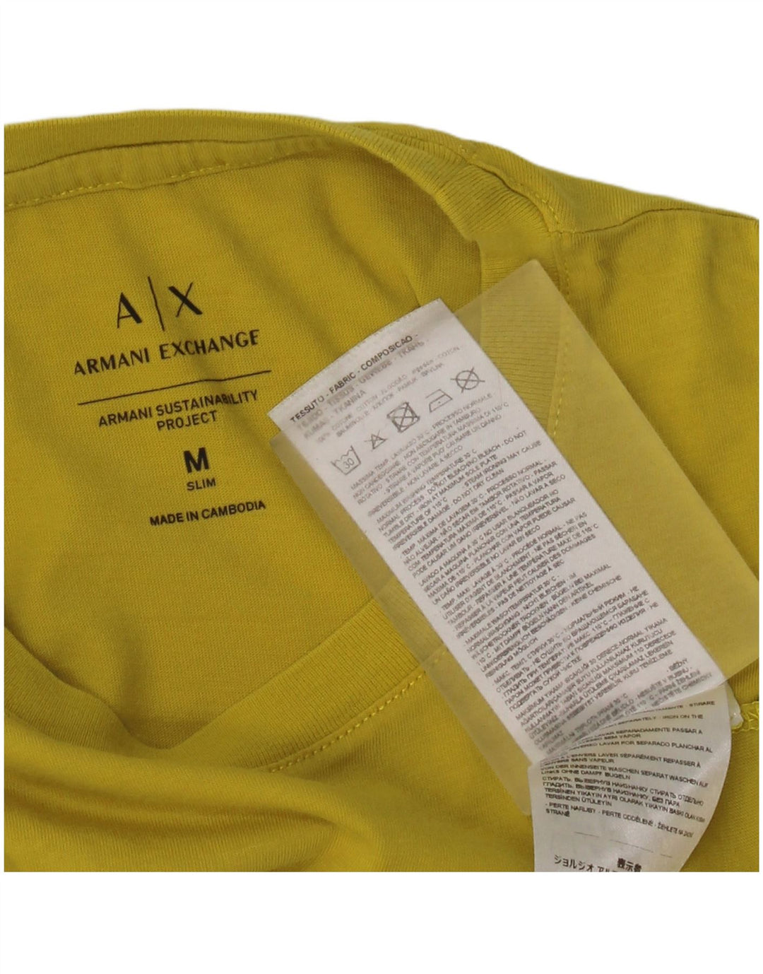 Armani Mens Slim Fit Graphic T-Shirt Top Medium Yellow Cotton