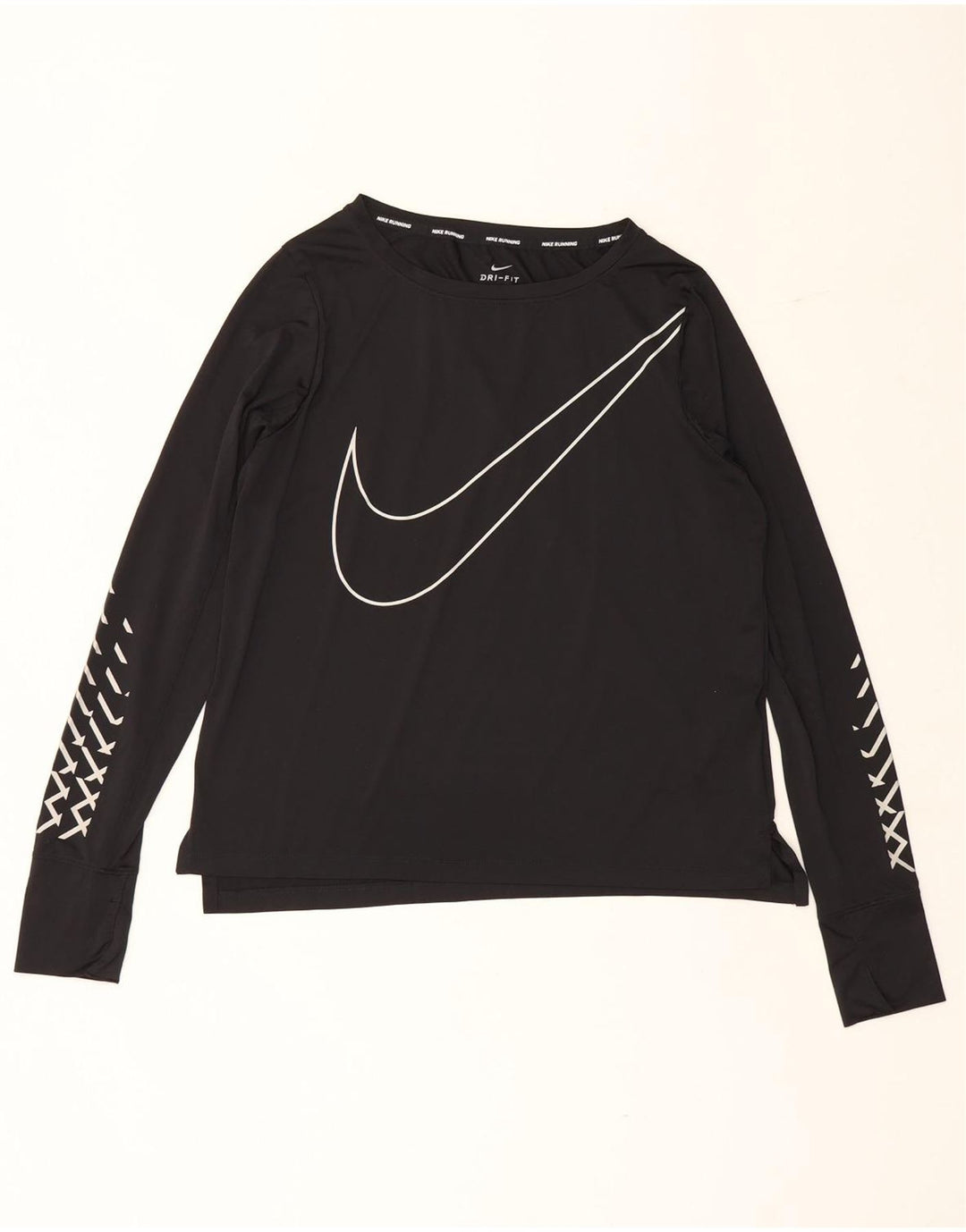 Nike Womens Dri Fit Graphic Top Long Sleeve UK 14 Medium Black Polyester