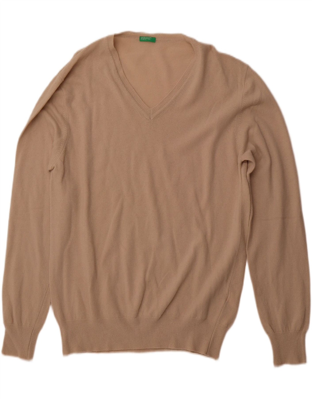 BENETTON Mens V-Neck Jumper Sweater XL Beige Wool