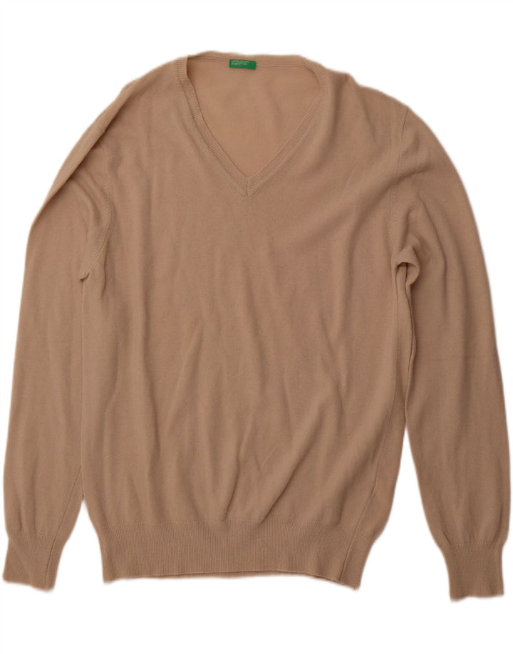 BENETTON Mens V-Neck Jumper Sweater XL Beige Wool