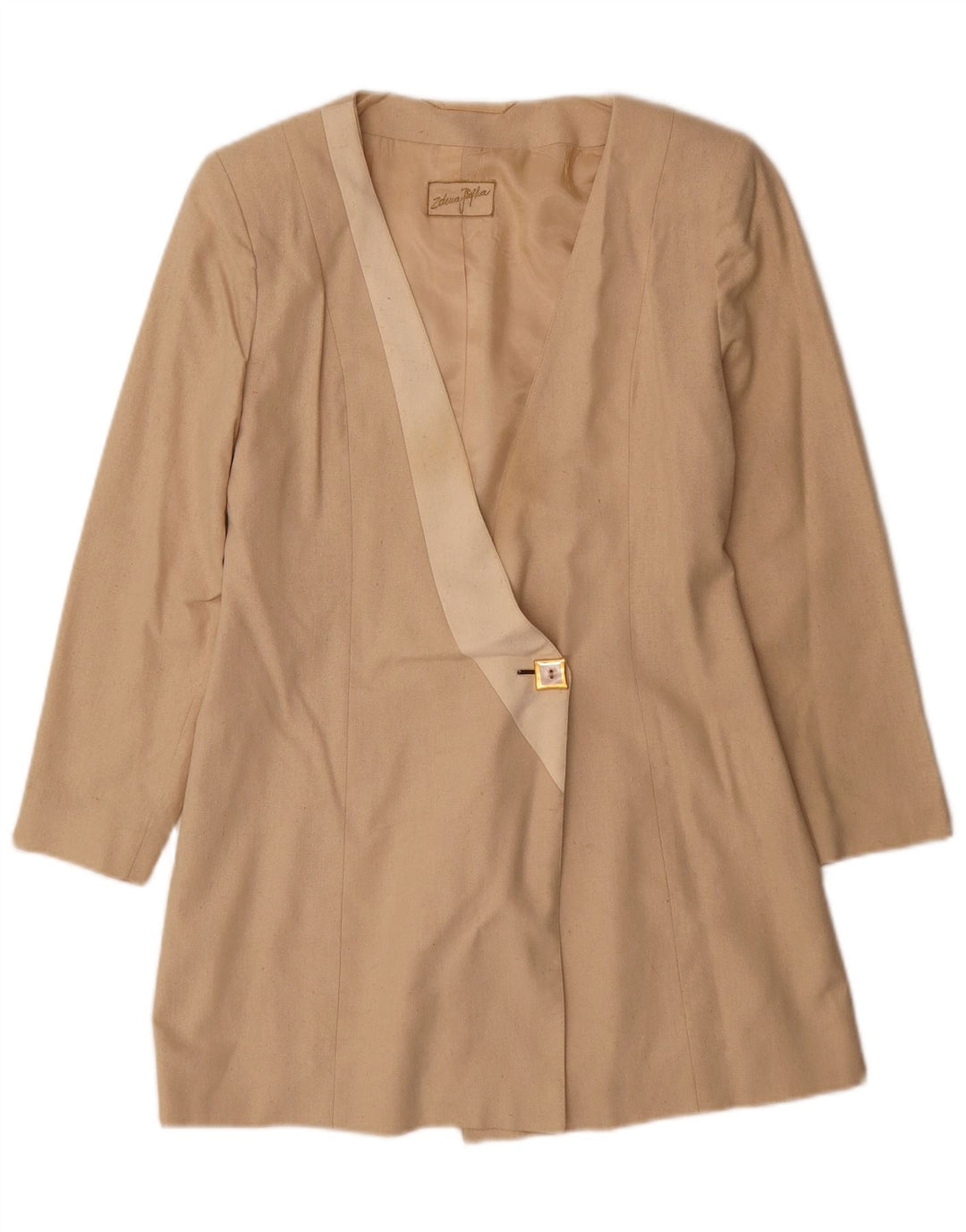 Vintage Womens Longline 1 Button Blazer Jacket UK 10 Small Beige Silk
