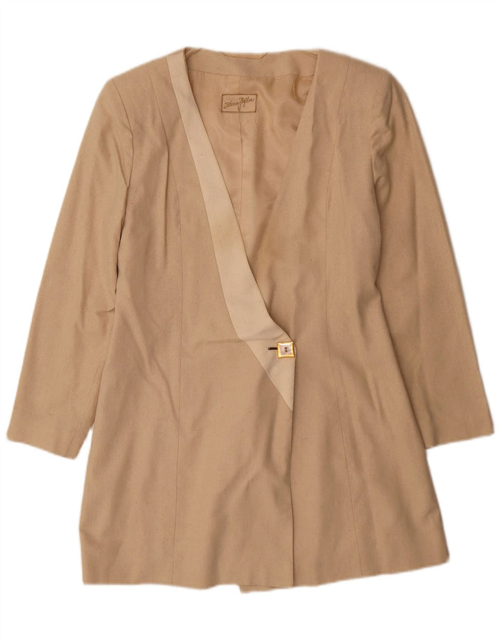 Vintage Womens Longline 1 Button Blazer Jacket UK 10 Small Beige Silk