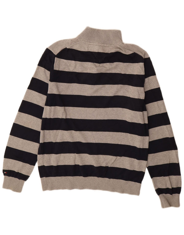 TOMMY HILFIGER Mens Zip Neck Jumper Sweater XL Black Striped Cotton