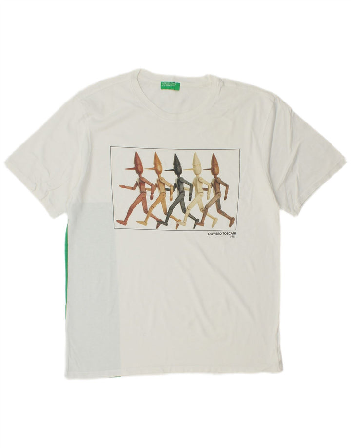 BENETTON Mens Graphic T-Shirt Top Medium White Colourblock Cotton