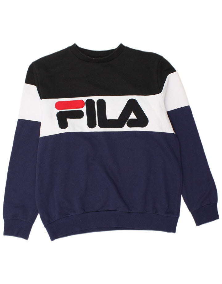 FILA Mens Graphic Sweatshirt Jumper Large Navy Blue Colourblock Cotton