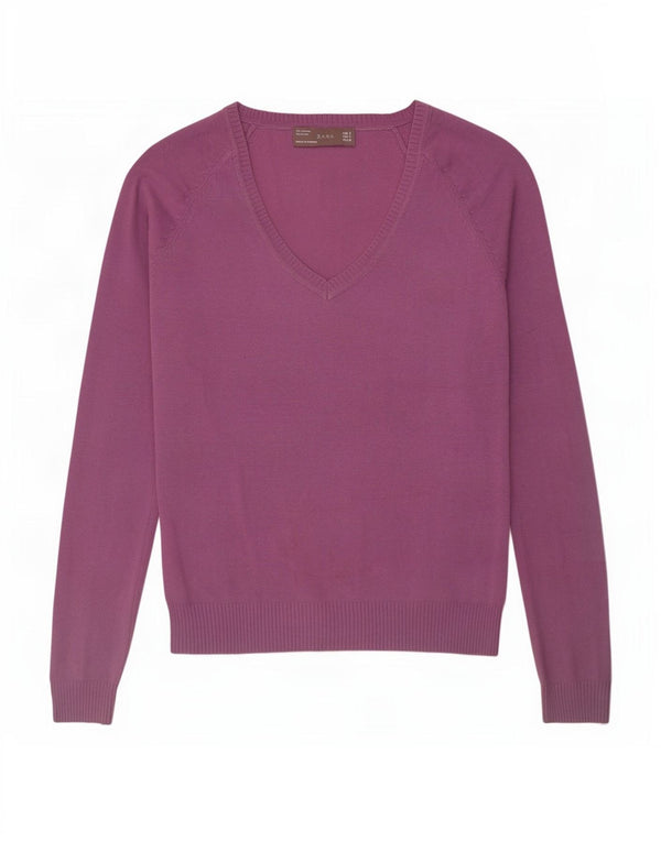 Zara Womens V-Neck Jumper Sweater UK 10 Small Purple Cotton