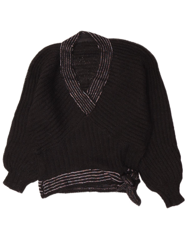 Vintage Womens V-Neck Jumper Sweater UK 14 Medium Black Striped Retro