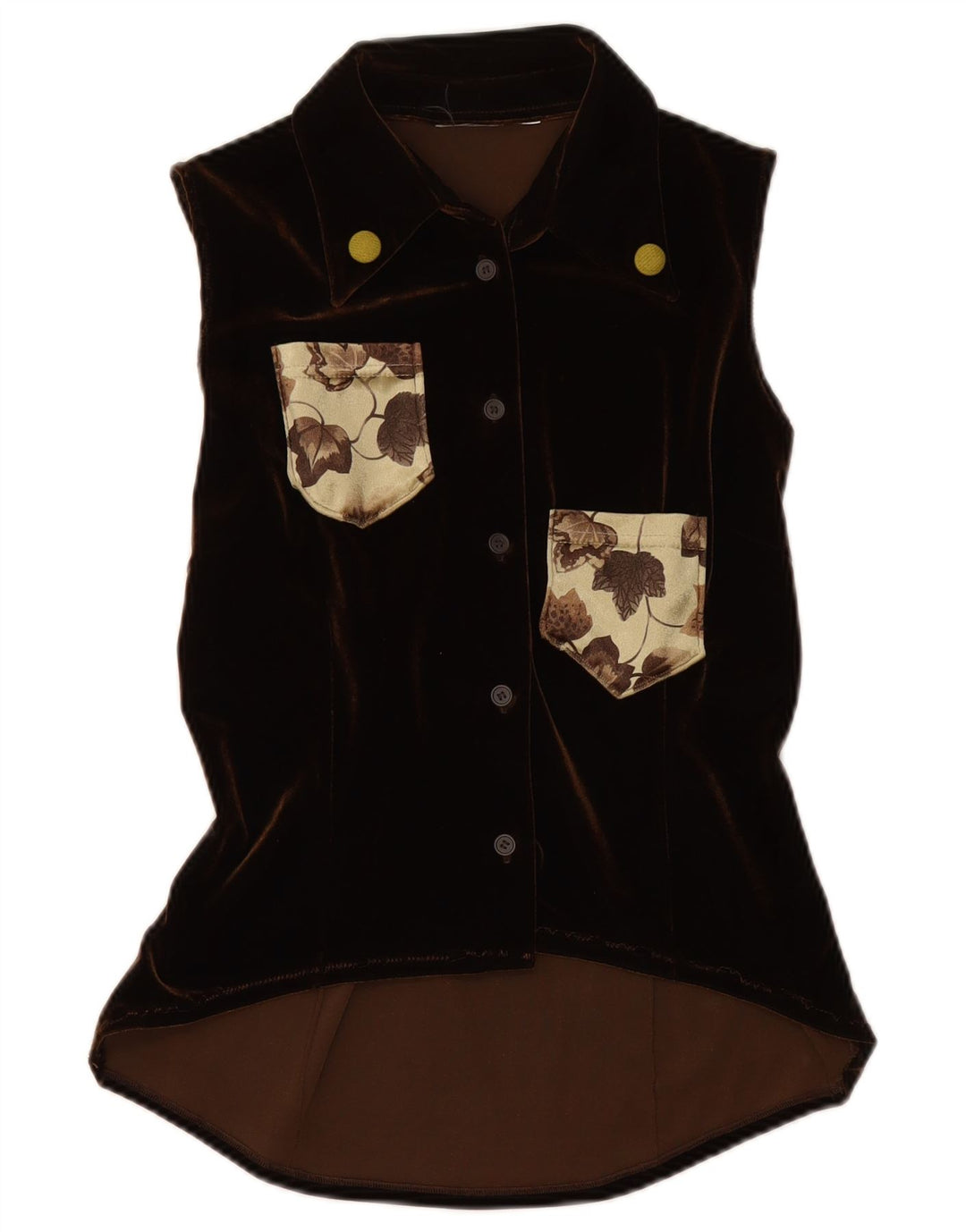 VINTAGE Womens Velour Sleeveless Shirt Blouse UK 12 Medium Brown Floral