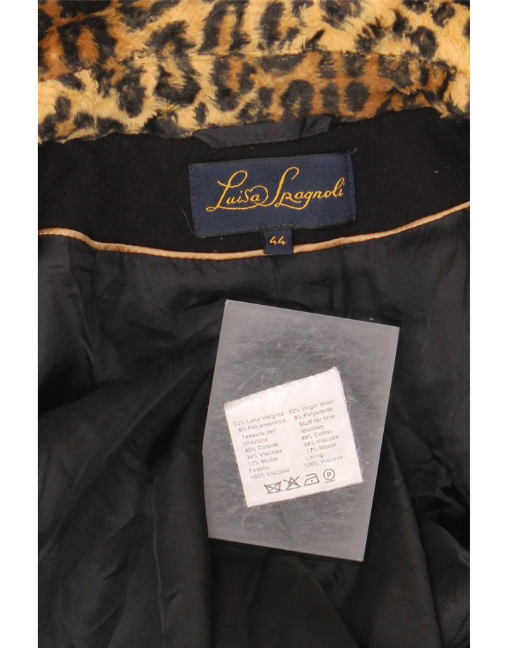 Luisa Spagnoli Womens Overcoat IT 44 Medium Black Animal Print Virgin Wool