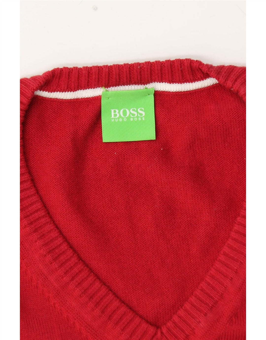 HUGO BOSS Mens Graphic V-Neck Jumper Sweater Large Red Colourblock