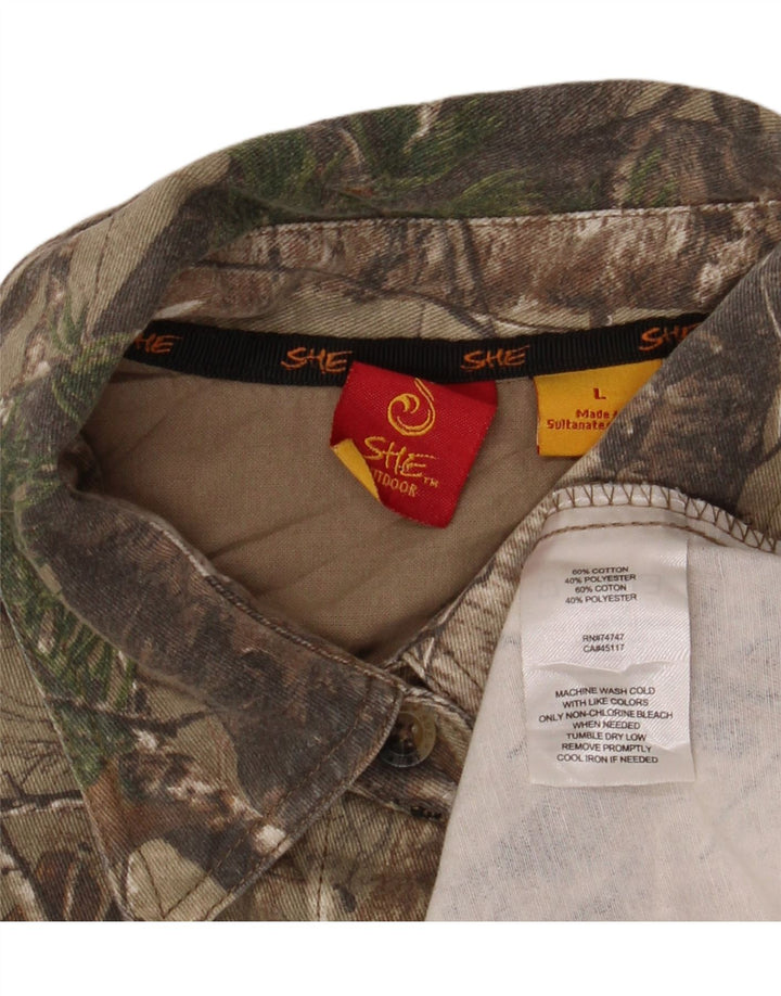 VINTAGE Womens Abstract Pattern Shirt UK 16 Large Khaki Colourblock Cotton