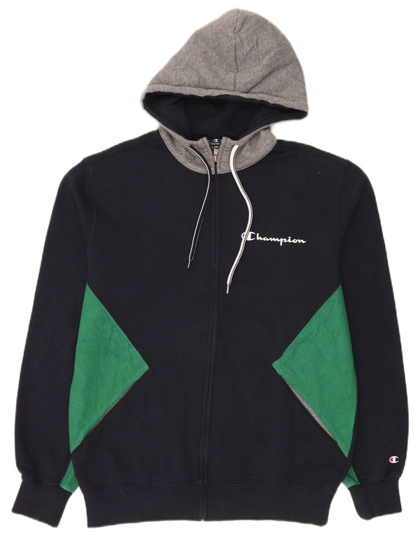 Champion Mens Zip Hoodie Sweater Large Navy Blue Colourblock Cotton