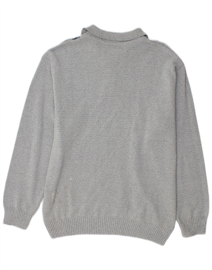 Vintage Mens Polo Neck Jumper Sweater Medium Grey Geometric
