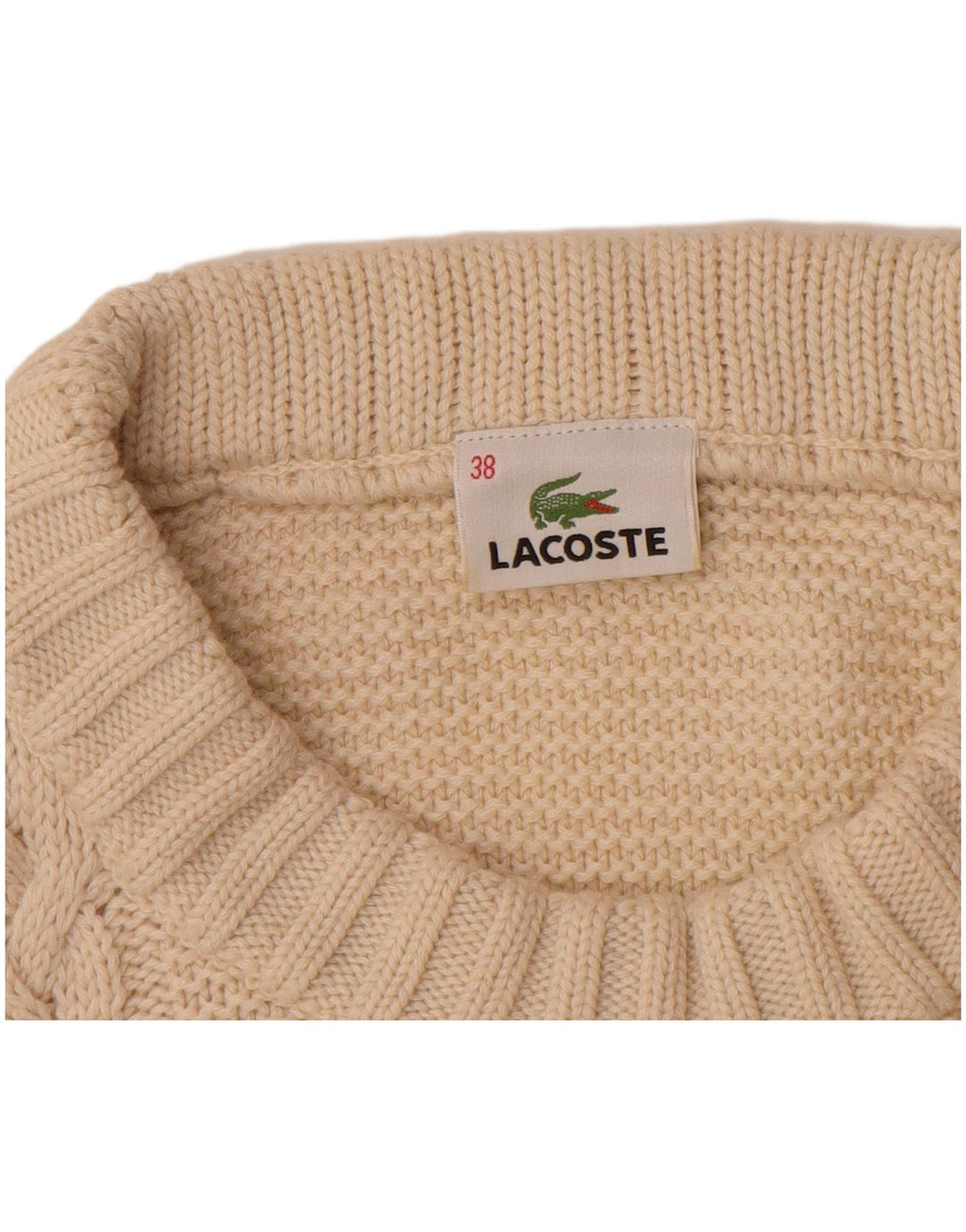LACOSTE Womens Crew Neck Jumper Sweater Size 38 Medium Beige Wool