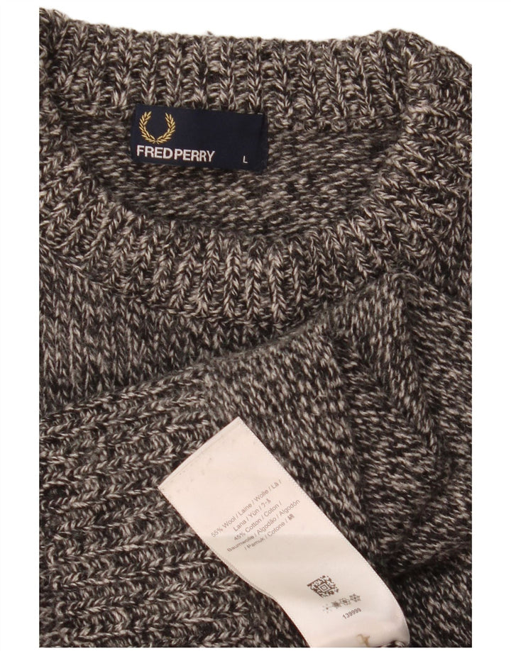 Fred Perry Mens Crew Neck Jumper Sweater Large Grey Flecked Wool